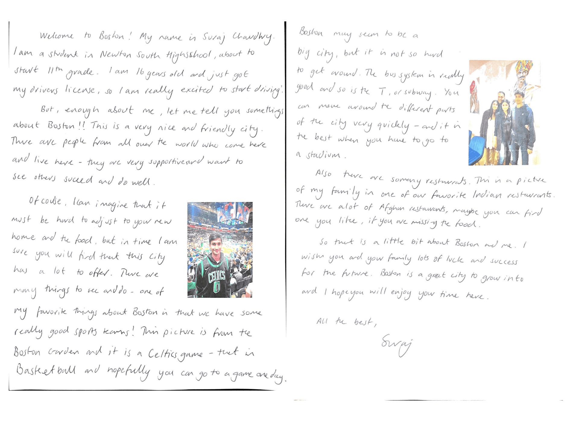 Suraj's hand-written letter was delivered to a newly arrived Afghan family